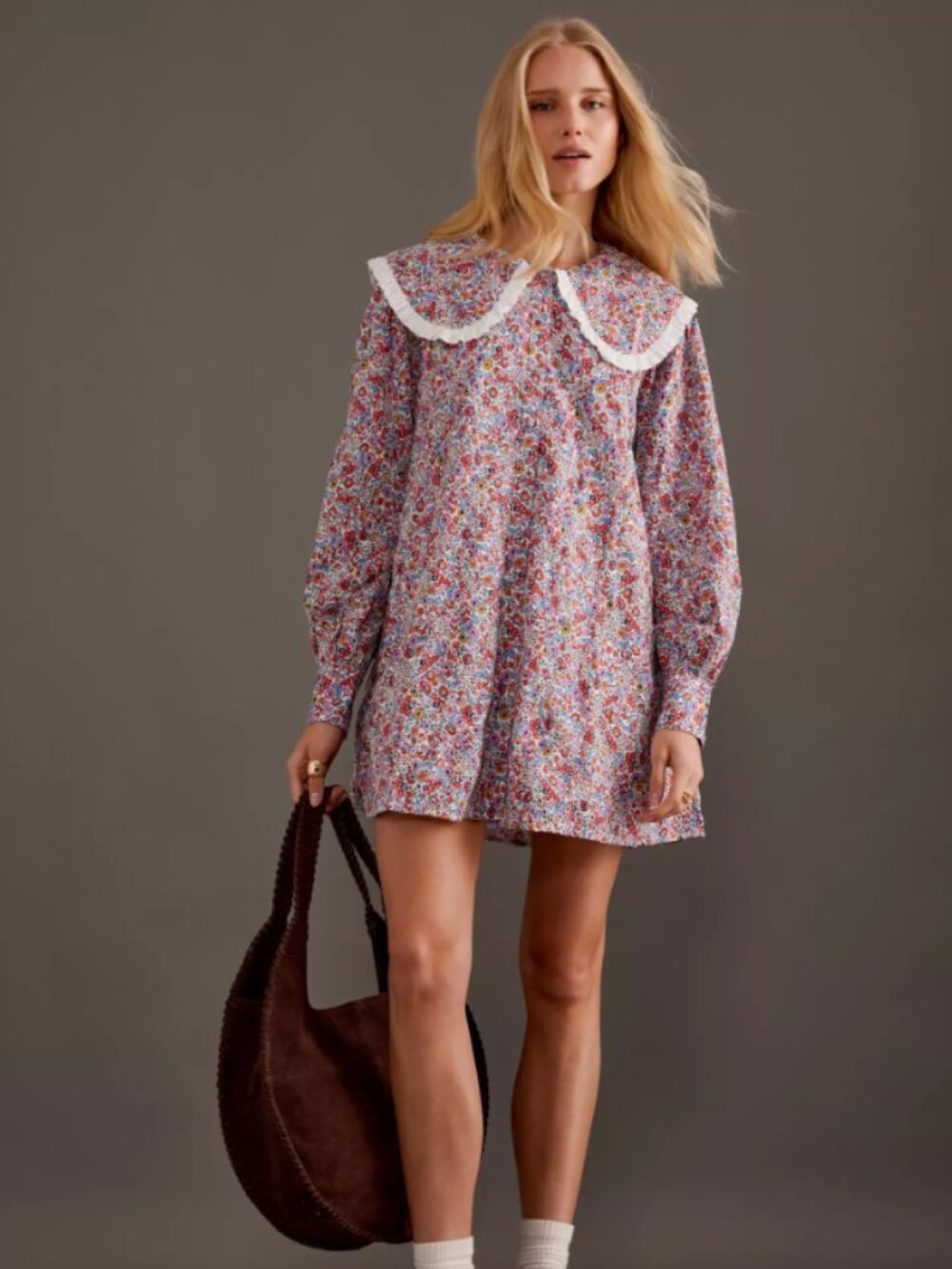 Anthro Twee Ditsy Floral Mini Shirt Dress w/ Peter Pan Collar - Size L